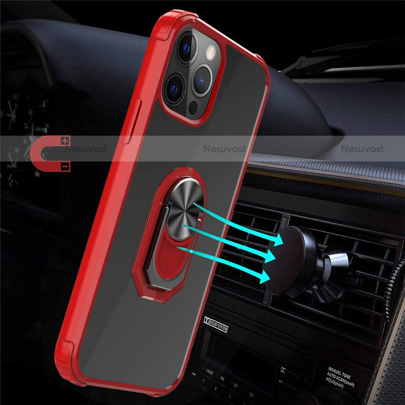 Silicone Matte Finish and Plastic Back Cover Case with Magnetic Finger Ring Stand R01 for Apple iPhone 12 Pro