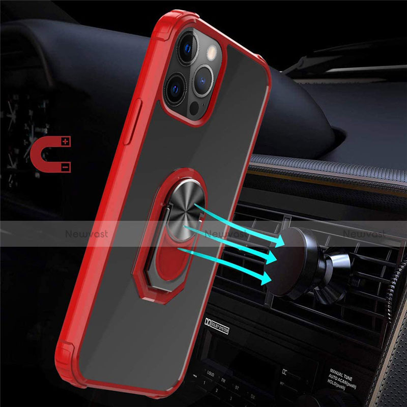 Silicone Matte Finish and Plastic Back Cover Case with Magnetic Finger Ring Stand R01 for Apple iPhone 12 Pro Max