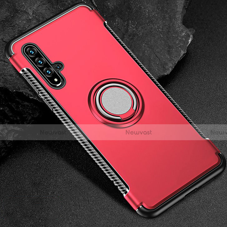 Silicone Matte Finish and Plastic Back Cover Case with Magnetic Finger Ring Stand R01 for Huawei Honor 20