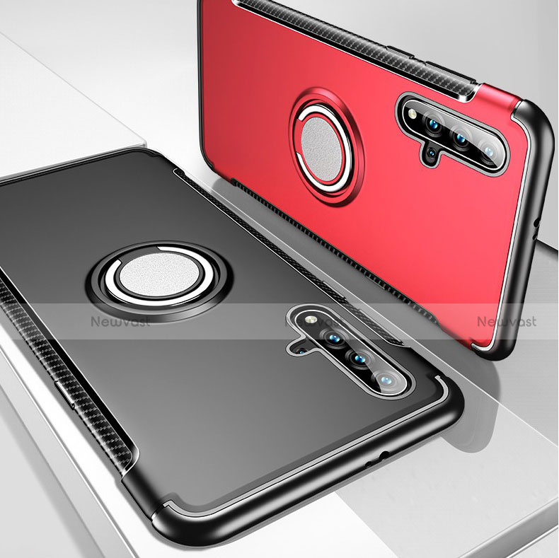 Silicone Matte Finish and Plastic Back Cover Case with Magnetic Finger Ring Stand R01 for Huawei Honor 20