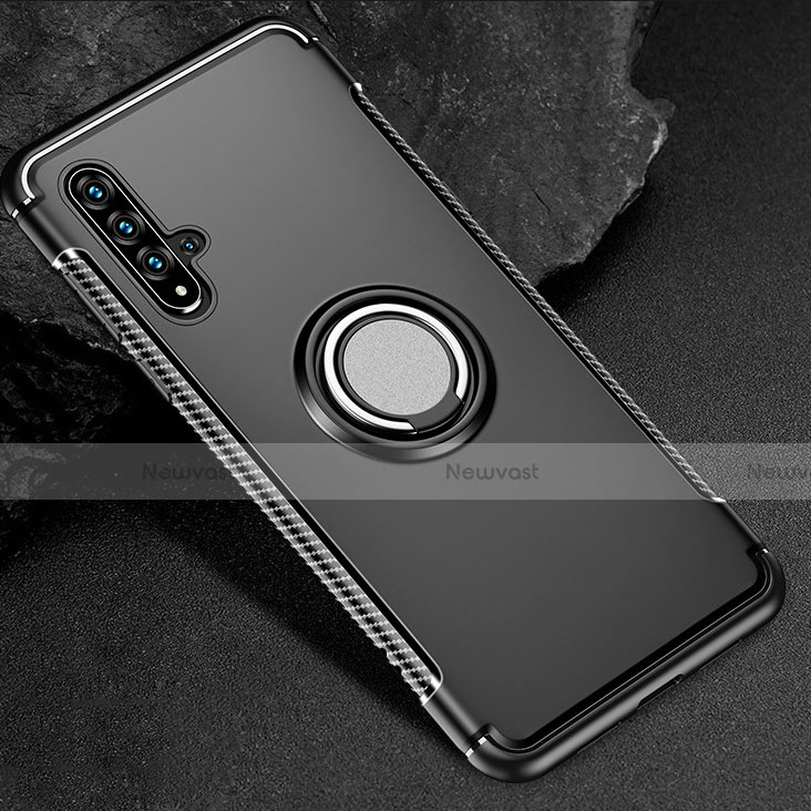 Silicone Matte Finish and Plastic Back Cover Case with Magnetic Finger Ring Stand R01 for Huawei Honor 20S