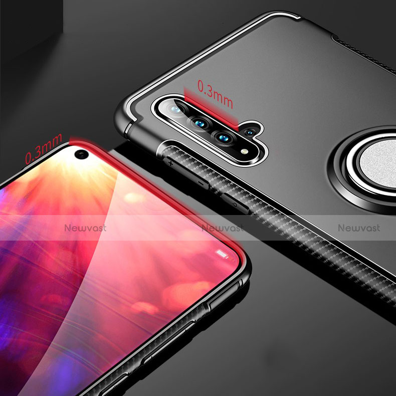 Silicone Matte Finish and Plastic Back Cover Case with Magnetic Finger Ring Stand R01 for Huawei Honor 20S