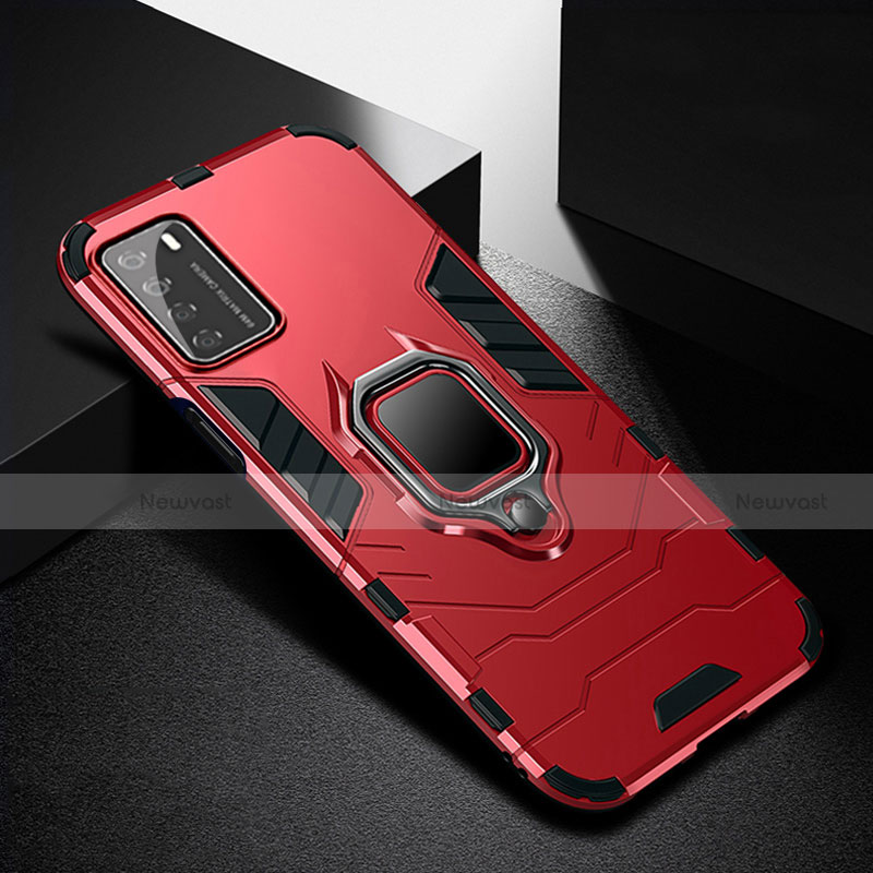 Silicone Matte Finish and Plastic Back Cover Case with Magnetic Finger Ring Stand R01 for Huawei Honor Play4 5G