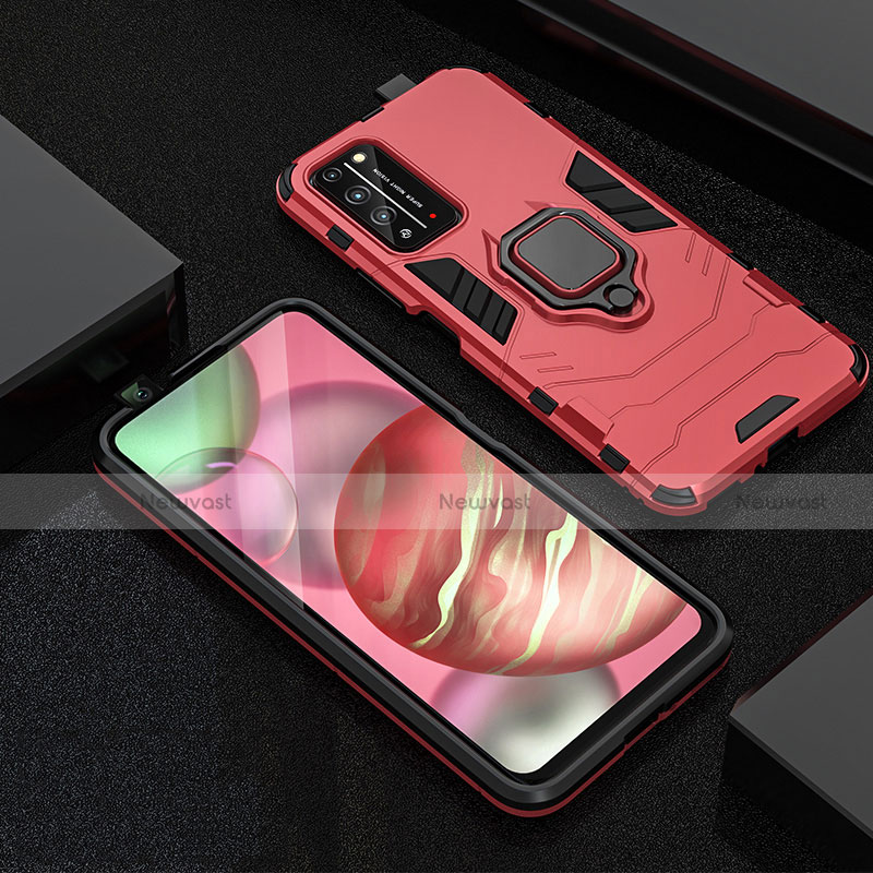 Silicone Matte Finish and Plastic Back Cover Case with Magnetic Finger Ring Stand R01 for Huawei Honor X10 5G Red