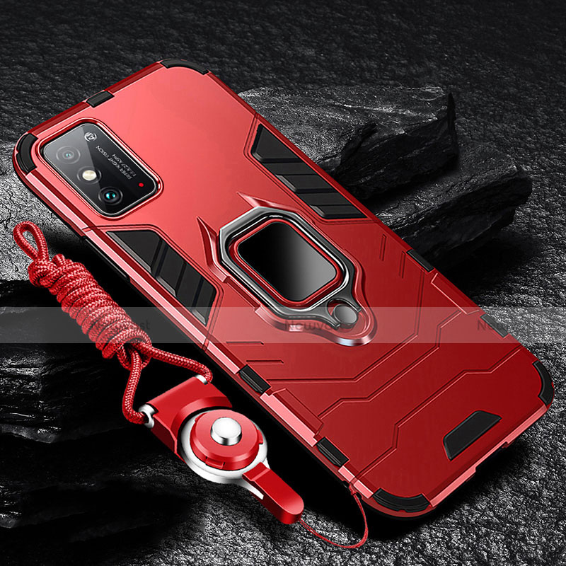 Silicone Matte Finish and Plastic Back Cover Case with Magnetic Finger Ring Stand R01 for Huawei Honor X10 Max 5G Red