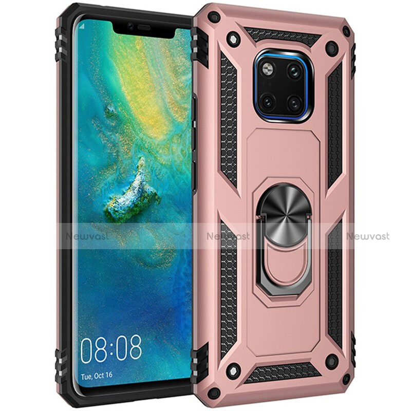 Silicone Matte Finish and Plastic Back Cover Case with Magnetic Finger Ring Stand R01 for Huawei Mate 20 Pro