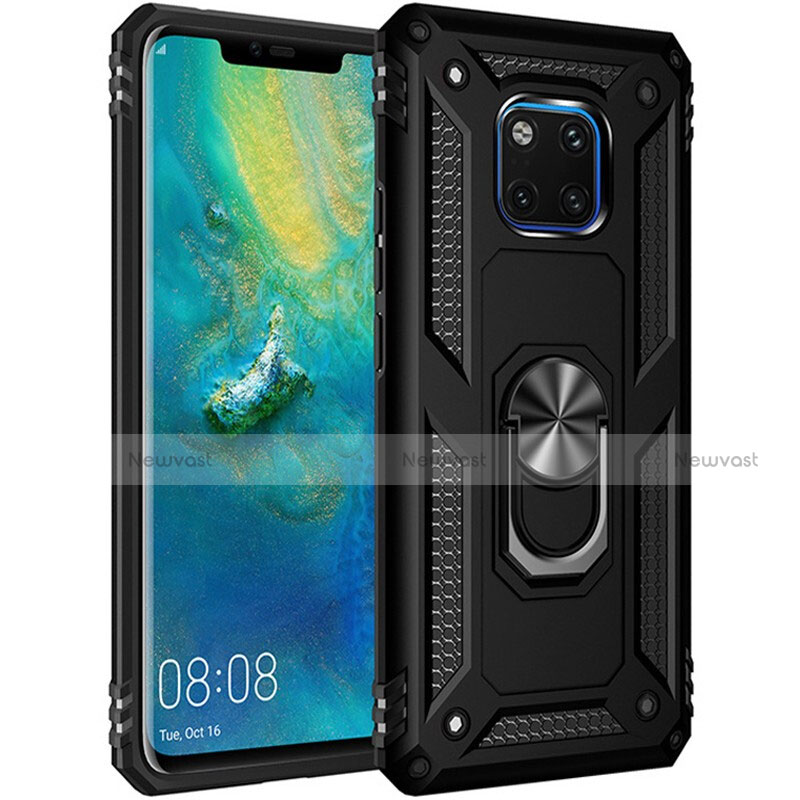Silicone Matte Finish and Plastic Back Cover Case with Magnetic Finger Ring Stand R01 for Huawei Mate 20 Pro Black