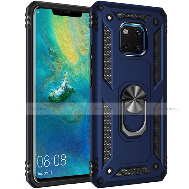 Silicone Matte Finish and Plastic Back Cover Case with Magnetic Finger Ring Stand R01 for Huawei Mate 20 Pro Blue