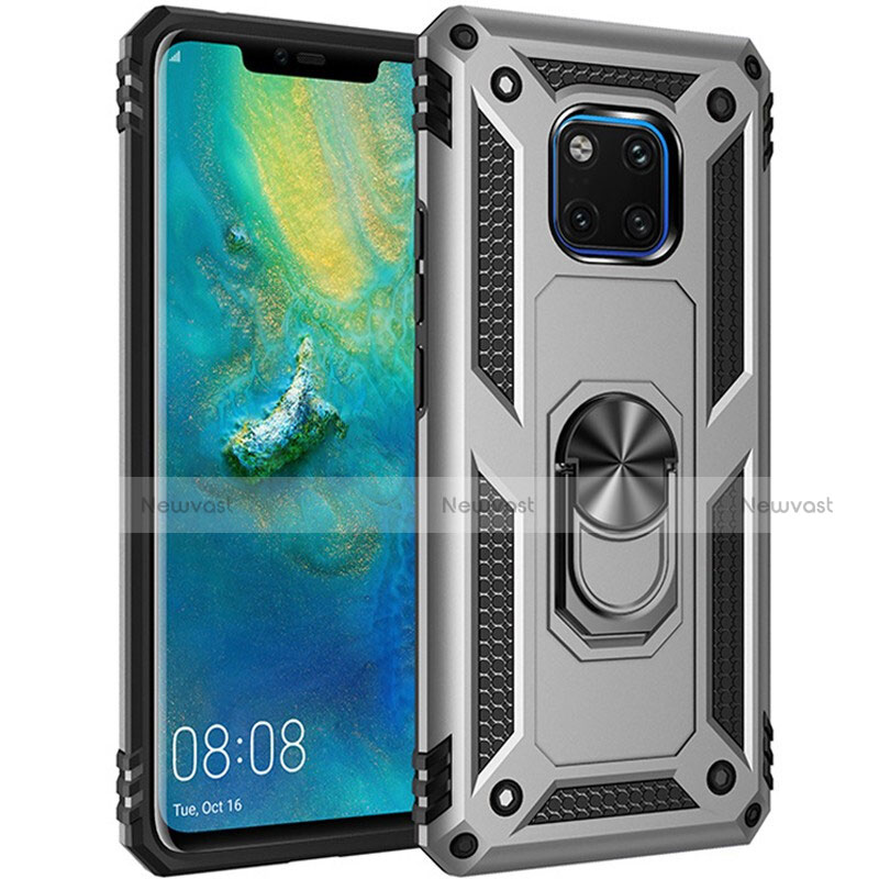 Silicone Matte Finish and Plastic Back Cover Case with Magnetic Finger Ring Stand R01 for Huawei Mate 20 Pro Silver