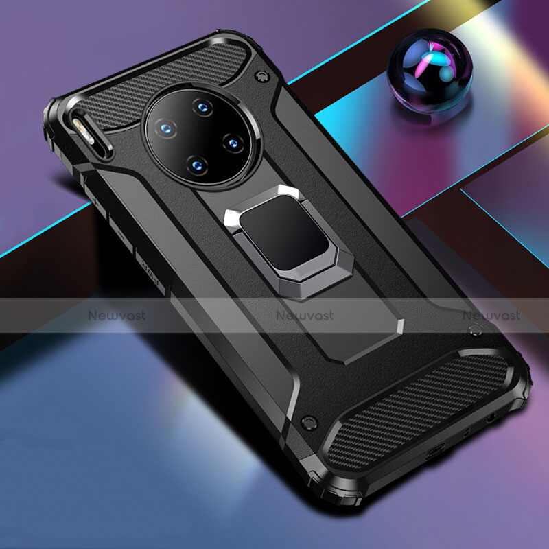 Silicone Matte Finish and Plastic Back Cover Case with Magnetic Finger Ring Stand R01 for Huawei Mate 30 Pro 5G Black