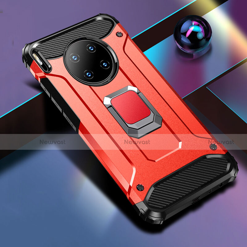 Silicone Matte Finish and Plastic Back Cover Case with Magnetic Finger Ring Stand R01 for Huawei Mate 30 Pro 5G Red