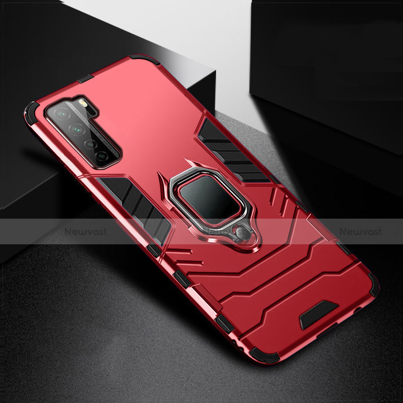 Silicone Matte Finish and Plastic Back Cover Case with Magnetic Finger Ring Stand R01 for Huawei Nova 7 SE 5G