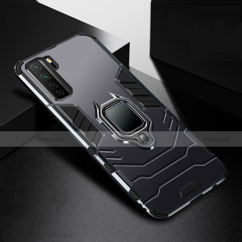 Silicone Matte Finish and Plastic Back Cover Case with Magnetic Finger Ring Stand R01 for Huawei Nova 7 SE 5G