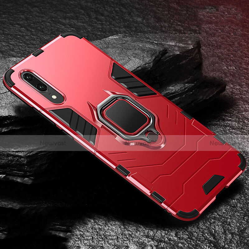 Silicone Matte Finish and Plastic Back Cover Case with Magnetic Finger Ring Stand R01 for Huawei P20 Red