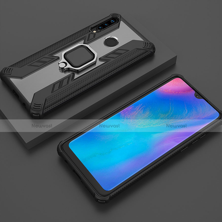 Silicone Matte Finish and Plastic Back Cover Case with Magnetic Finger Ring Stand R01 for Huawei P30 Lite