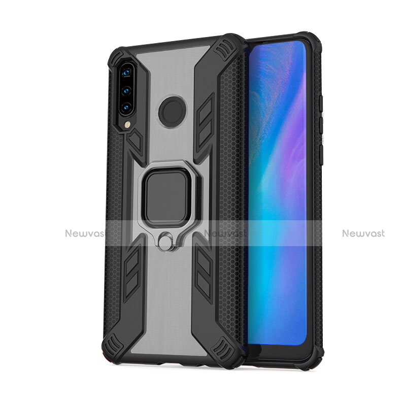Silicone Matte Finish and Plastic Back Cover Case with Magnetic Finger Ring Stand R01 for Huawei P30 Lite Black
