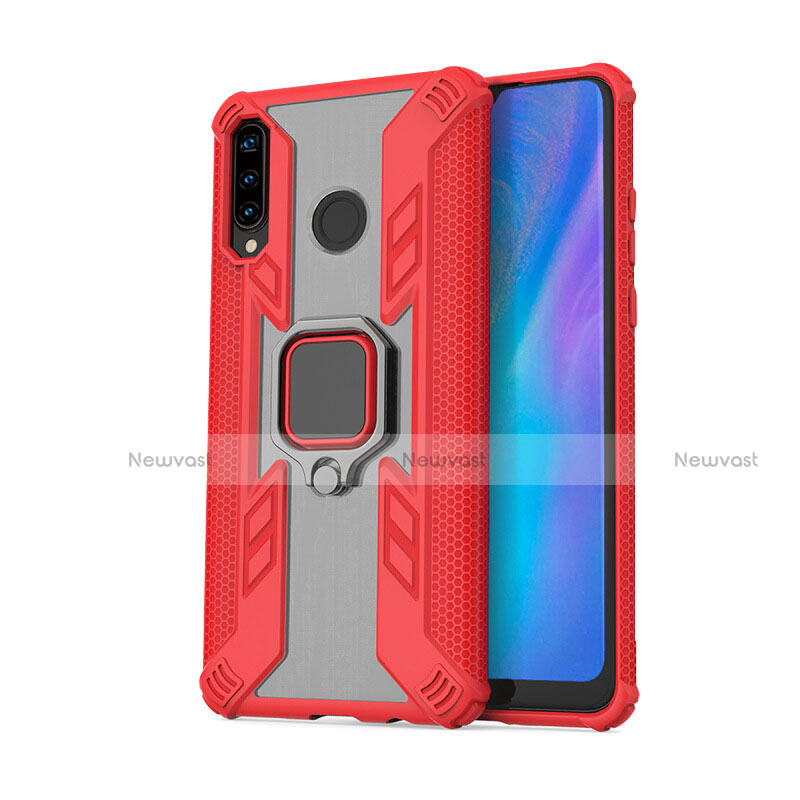 Silicone Matte Finish and Plastic Back Cover Case with Magnetic Finger Ring Stand R01 for Huawei P30 Lite Red