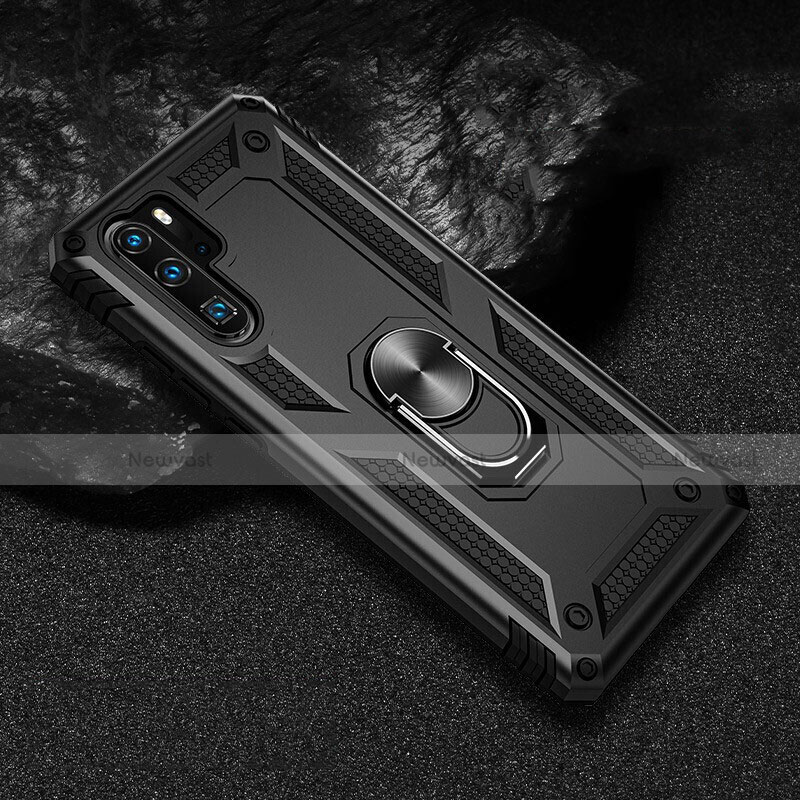 Silicone Matte Finish and Plastic Back Cover Case with Magnetic Finger Ring Stand R01 for Huawei P30 Pro