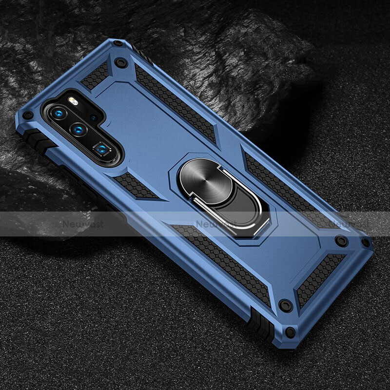 Silicone Matte Finish and Plastic Back Cover Case with Magnetic Finger Ring Stand R01 for Huawei P30 Pro New Edition Blue