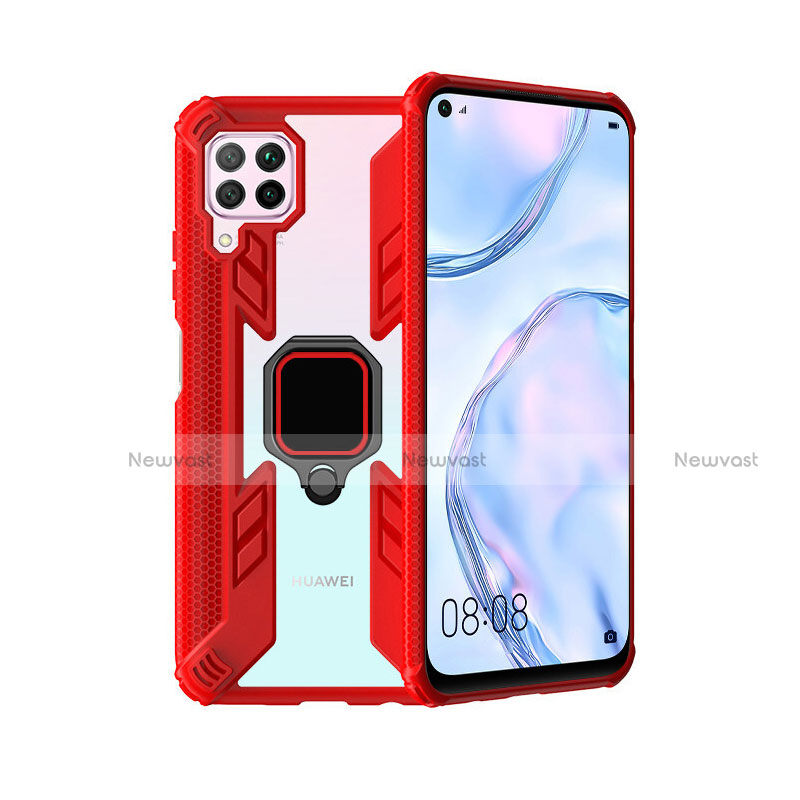 Silicone Matte Finish and Plastic Back Cover Case with Magnetic Finger Ring Stand R01 for Huawei P40 Lite