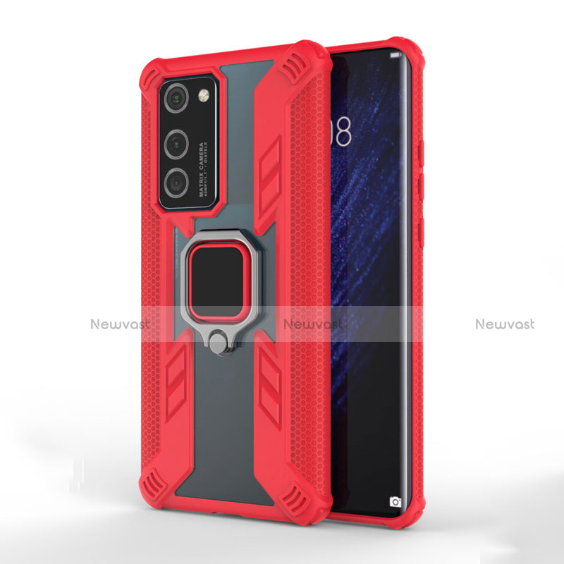 Silicone Matte Finish and Plastic Back Cover Case with Magnetic Finger Ring Stand R01 for Huawei P40 Red