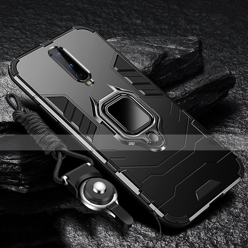 Silicone Matte Finish and Plastic Back Cover Case with Magnetic Finger Ring Stand R01 for OnePlus 8 Black