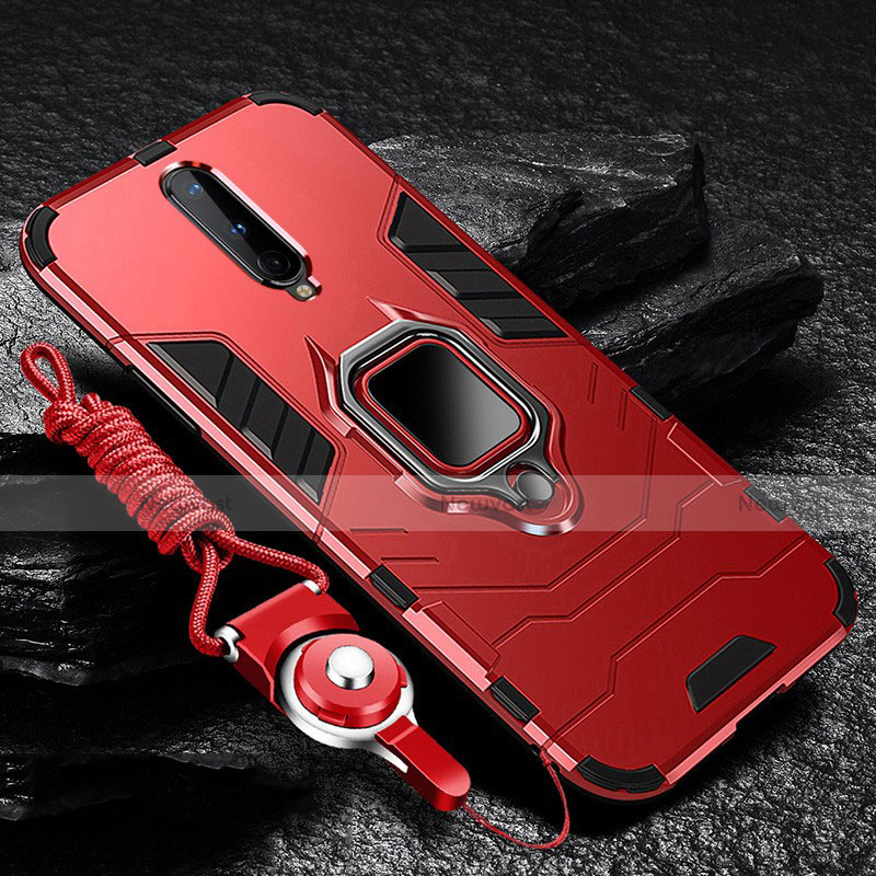 Silicone Matte Finish and Plastic Back Cover Case with Magnetic Finger Ring Stand R01 for OnePlus 8 Red