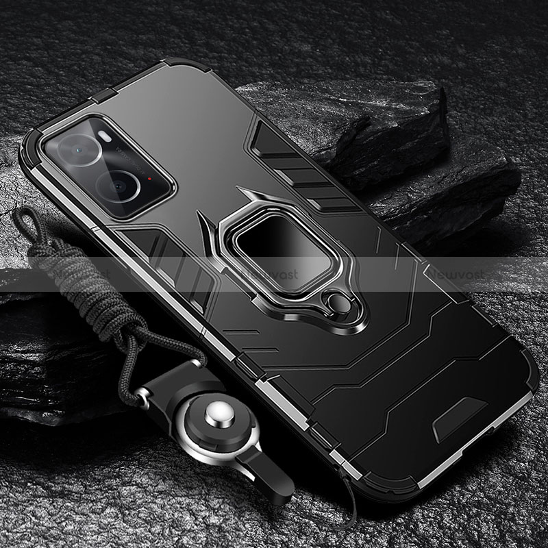 Silicone Matte Finish and Plastic Back Cover Case with Magnetic Finger Ring Stand R01 for Oppo A76 Black