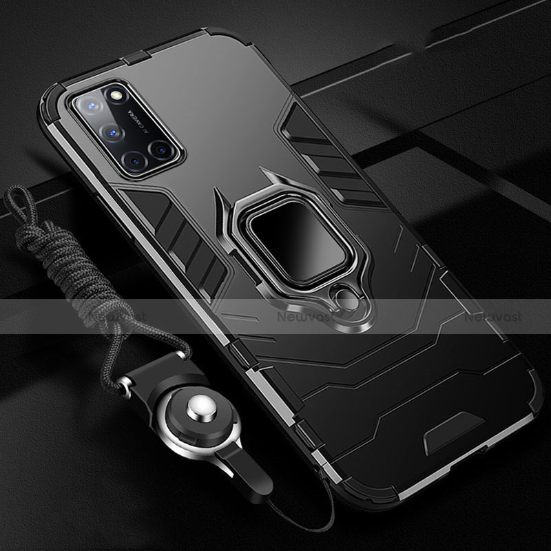 Silicone Matte Finish and Plastic Back Cover Case with Magnetic Finger Ring Stand R01 for Oppo A92 Black