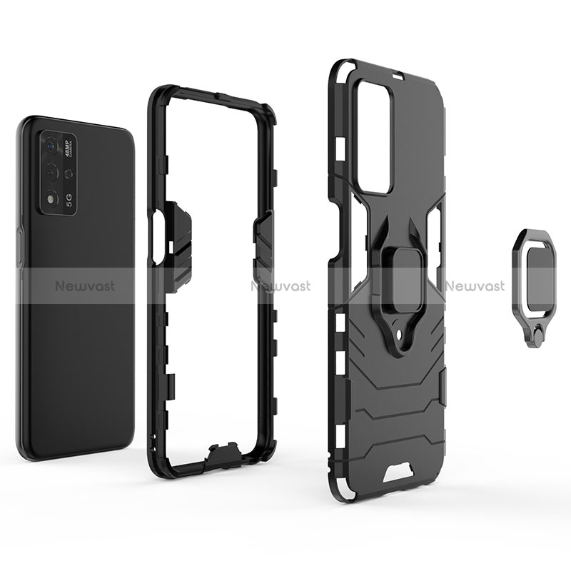 Silicone Matte Finish and Plastic Back Cover Case with Magnetic Finger Ring Stand R01 for Oppo A93s 5G