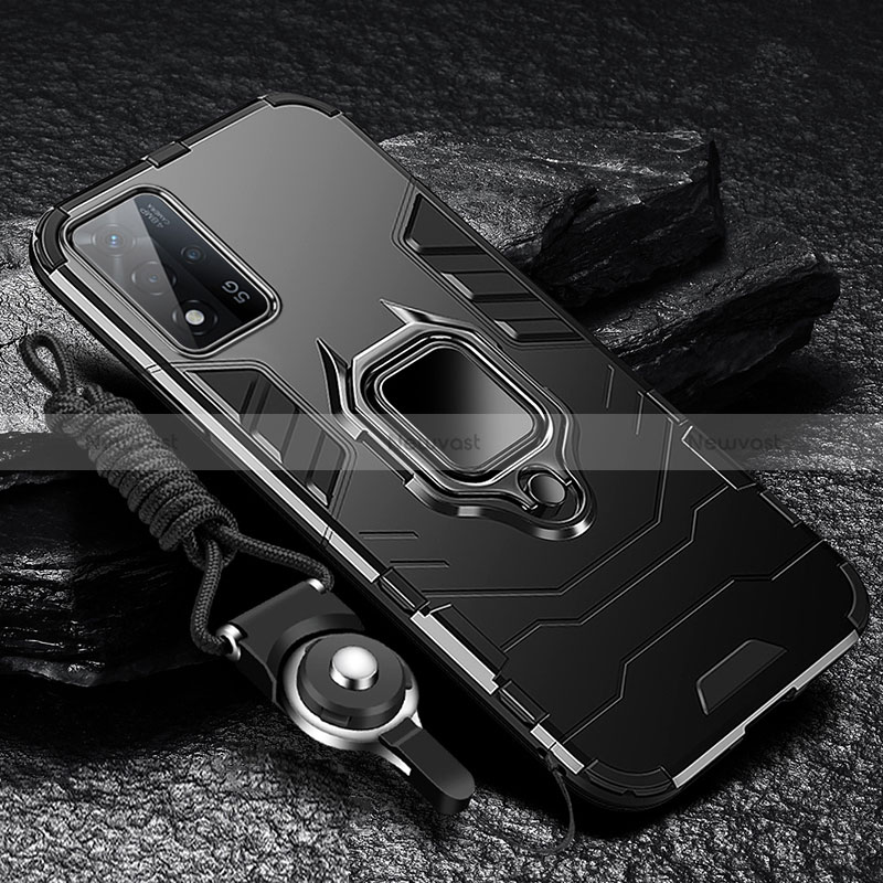 Silicone Matte Finish and Plastic Back Cover Case with Magnetic Finger Ring Stand R01 for Oppo A93s 5G Black