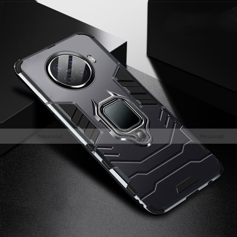 Silicone Matte Finish and Plastic Back Cover Case with Magnetic Finger Ring Stand R01 for Oppo Ace2 Black