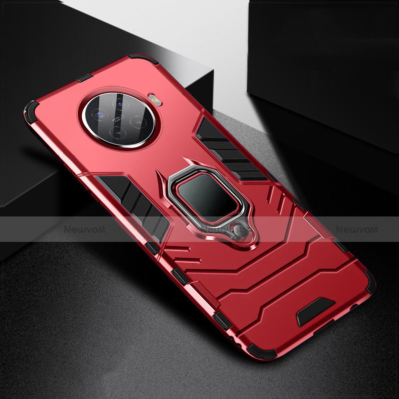 Silicone Matte Finish and Plastic Back Cover Case with Magnetic Finger Ring Stand R01 for Oppo Ace2 Red