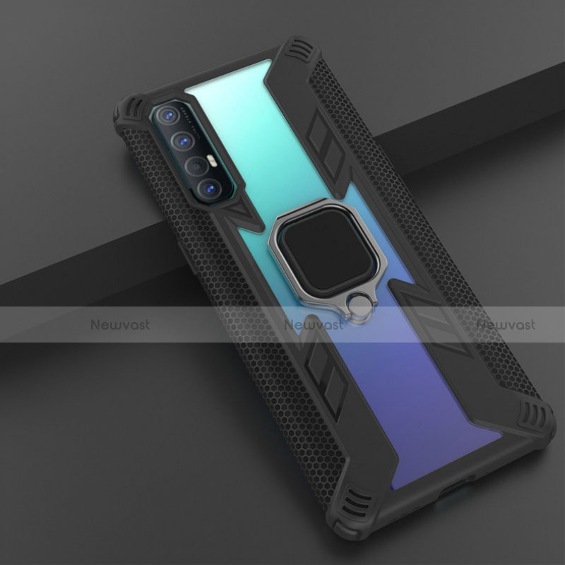 Silicone Matte Finish and Plastic Back Cover Case with Magnetic Finger Ring Stand R01 for Oppo Find X2 Neo Black