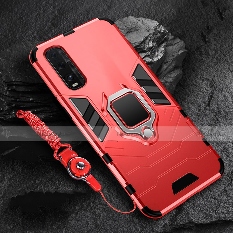 Silicone Matte Finish and Plastic Back Cover Case with Magnetic Finger Ring Stand R01 for Oppo Find X2 Red