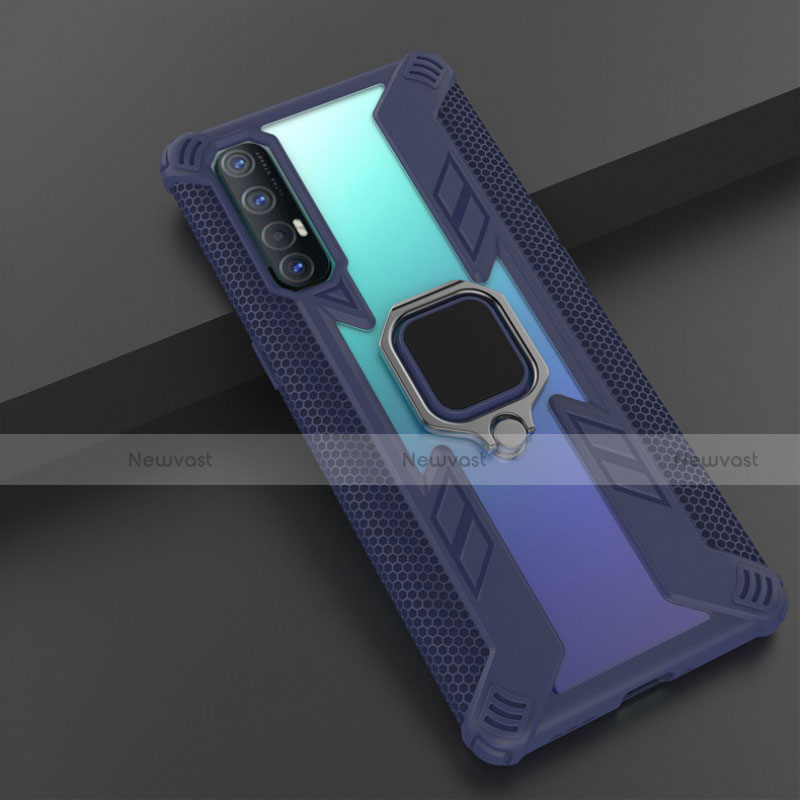 Silicone Matte Finish and Plastic Back Cover Case with Magnetic Finger Ring Stand R01 for Oppo Reno3 Pro