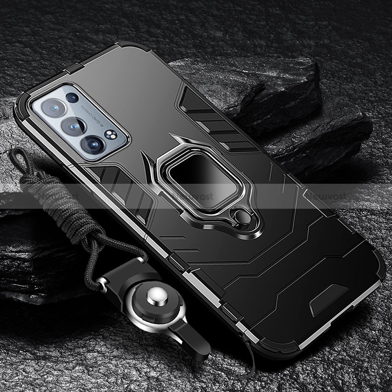 Silicone Matte Finish and Plastic Back Cover Case with Magnetic Finger Ring Stand R01 for Oppo Reno6 Pro 5G Black