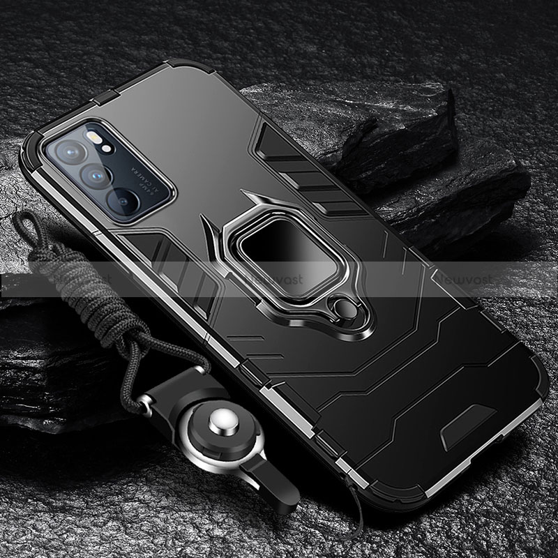 Silicone Matte Finish and Plastic Back Cover Case with Magnetic Finger Ring Stand R01 for Oppo Reno6 Pro 5G India Black