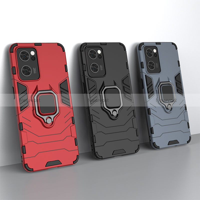 Silicone Matte Finish and Plastic Back Cover Case with Magnetic Finger Ring Stand R01 for Oppo Reno7 5G