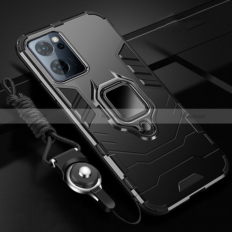 Silicone Matte Finish and Plastic Back Cover Case with Magnetic Finger Ring Stand R01 for Oppo Reno7 5G Black