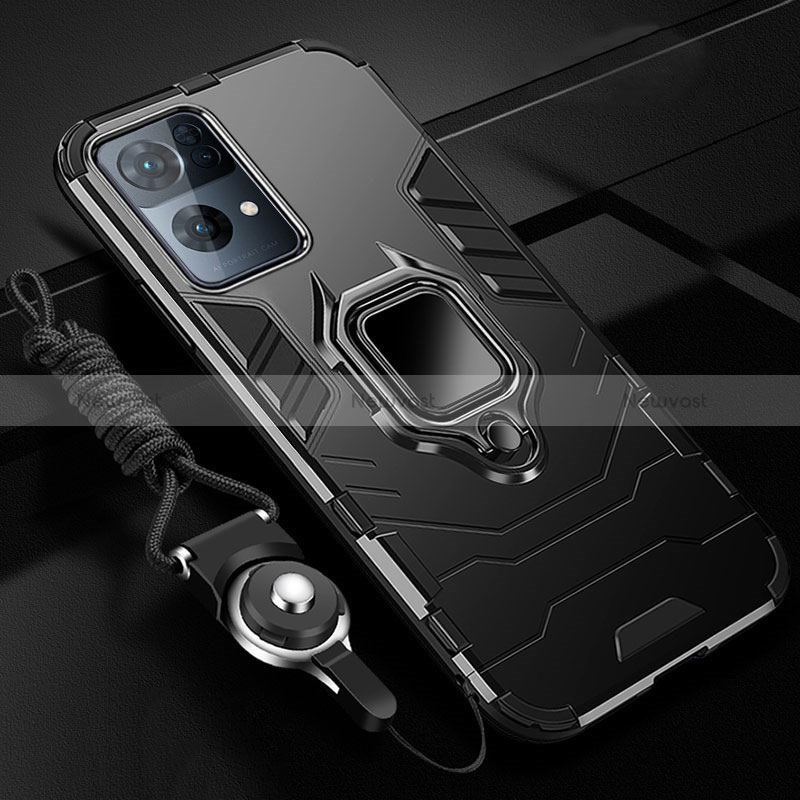 Silicone Matte Finish and Plastic Back Cover Case with Magnetic Finger Ring Stand R01 for Oppo Reno7 Pro 5G Black
