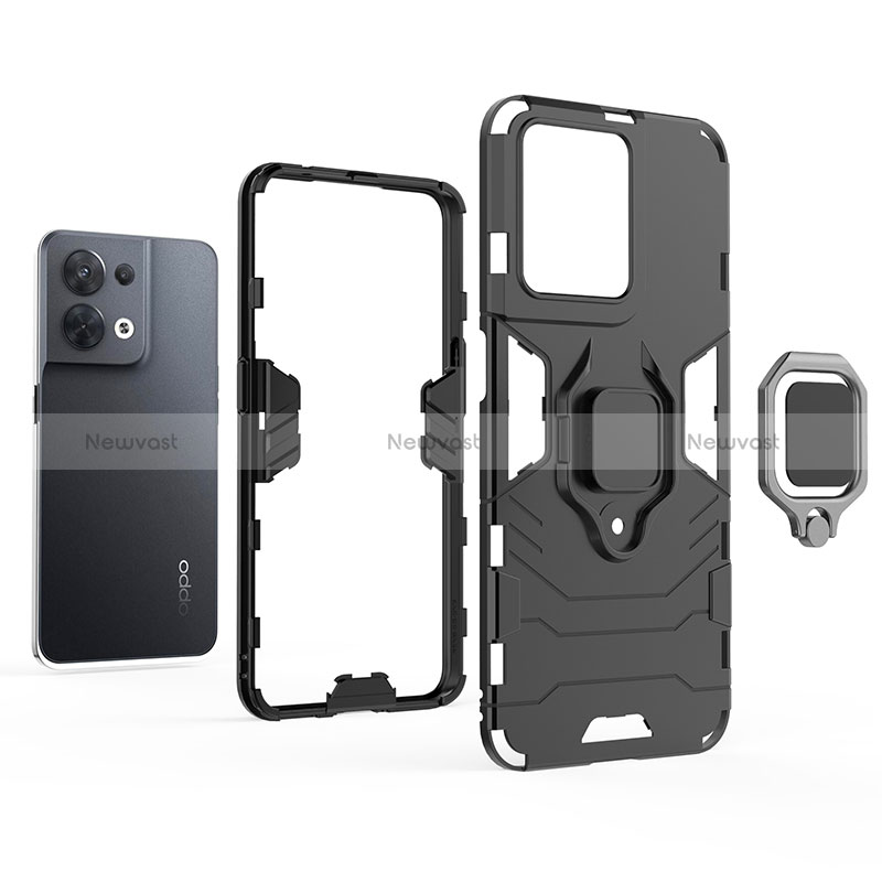 Silicone Matte Finish and Plastic Back Cover Case with Magnetic Finger Ring Stand R01 for Oppo Reno8 Pro 5G