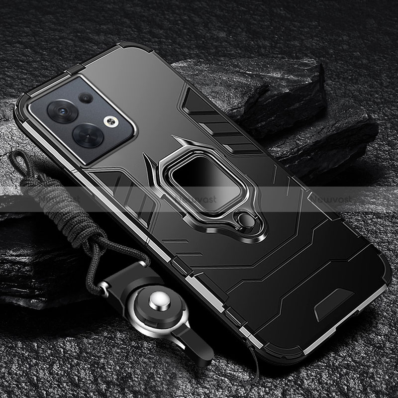 Silicone Matte Finish and Plastic Back Cover Case with Magnetic Finger Ring Stand R01 for Oppo Reno8 Pro 5G Black