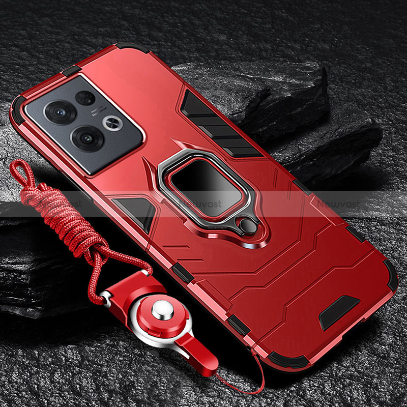 Silicone Matte Finish and Plastic Back Cover Case with Magnetic Finger Ring Stand R01 for Oppo Reno8 Pro+ Plus 5G Red
