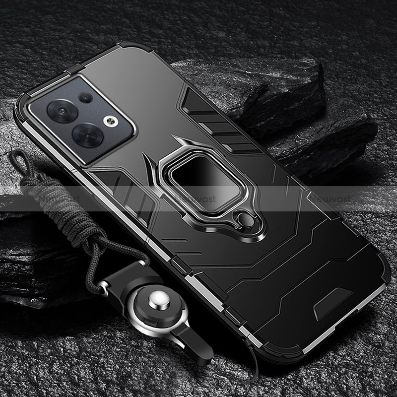 Silicone Matte Finish and Plastic Back Cover Case with Magnetic Finger Ring Stand R01 for Oppo Reno9 Pro 5G