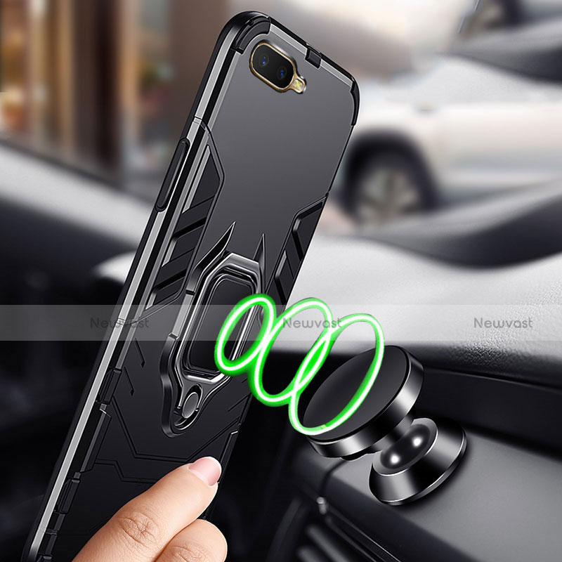 Silicone Matte Finish and Plastic Back Cover Case with Magnetic Finger Ring Stand R01 for Oppo RX17 Neo