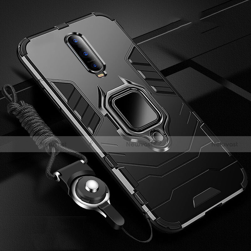Silicone Matte Finish and Plastic Back Cover Case with Magnetic Finger Ring Stand R01 for Oppo RX17 Pro Black