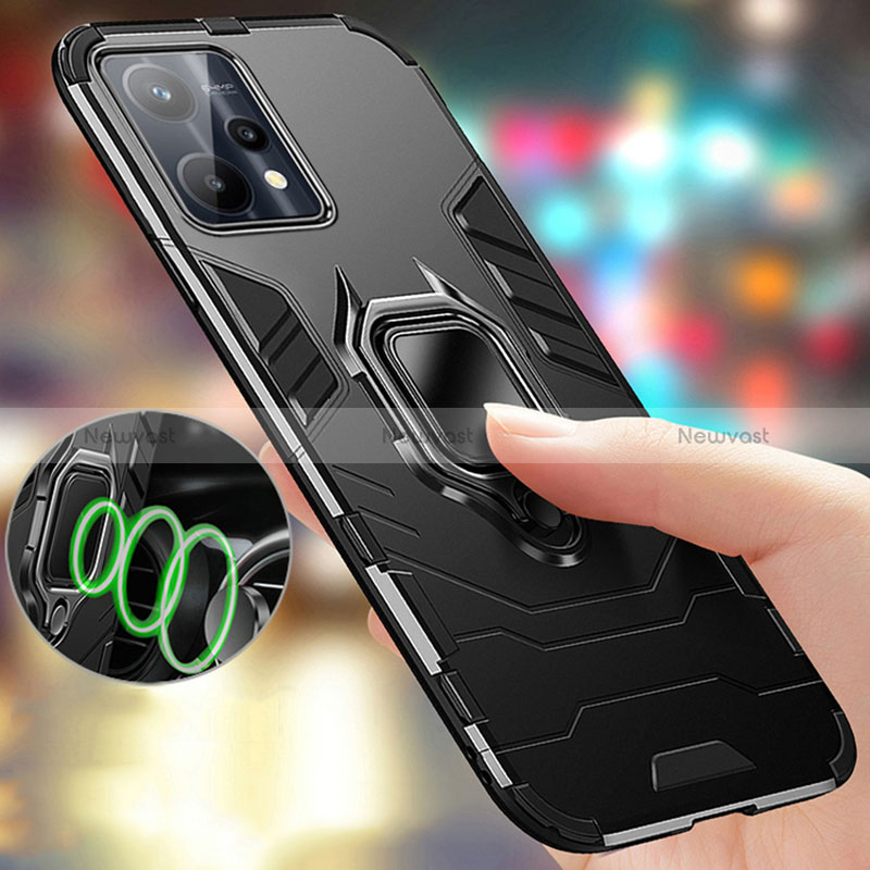 Silicone Matte Finish and Plastic Back Cover Case with Magnetic Finger Ring Stand R01 for Realme 9 Pro+ Plus 5G