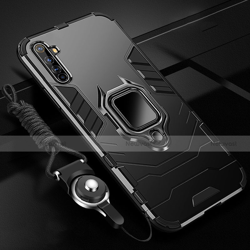 Silicone Matte Finish and Plastic Back Cover Case with Magnetic Finger Ring Stand R01 for Realme X50 Pro 5G Black