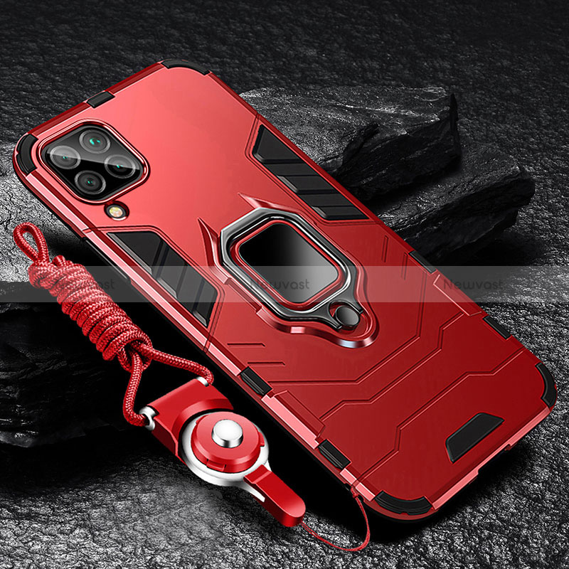 Silicone Matte Finish and Plastic Back Cover Case with Magnetic Finger Ring Stand R01 for Samsung Galaxy A12 Nacho